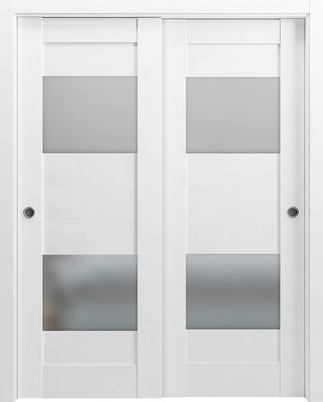 Sete 6222 Bypass Interior Doors with Frosted Glass, MDF, 84x80, White, Modern Style Hardware Include