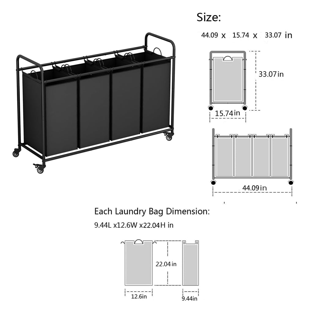 4 Section Laundry Hamper, Black Laundry Basket 180L Laundry Sorter