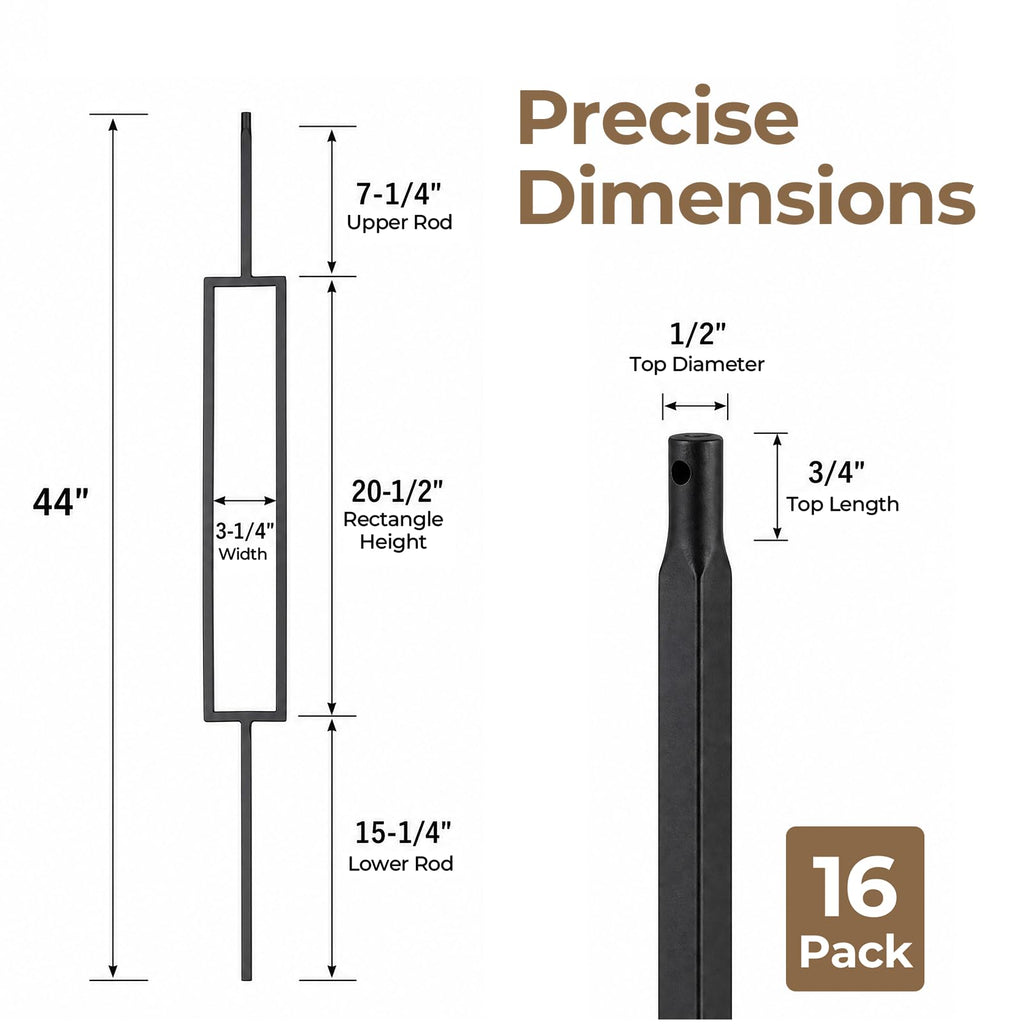 16 Pack Wrought Iron Balusters, 44 Inch Square Hollow Stair Spindles
