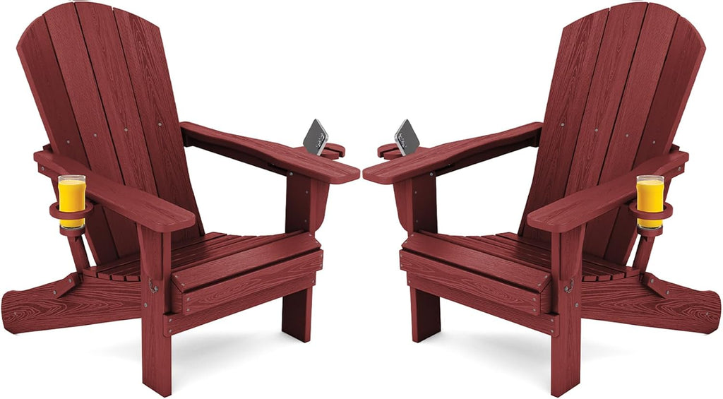 Outdoor Adirondack Chair Set of 2 with 2 Cup Holders,Foldable,Red | HDPE Composite,Waterproof,Wood Grain,Cup & Phone