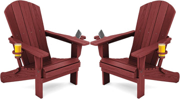 Outdoor Adirondack Chair Set of 2 with 2 Cup Holders,Foldable,Red | HDPE Composite,Waterproof,Wood Grain,Cup & Phone