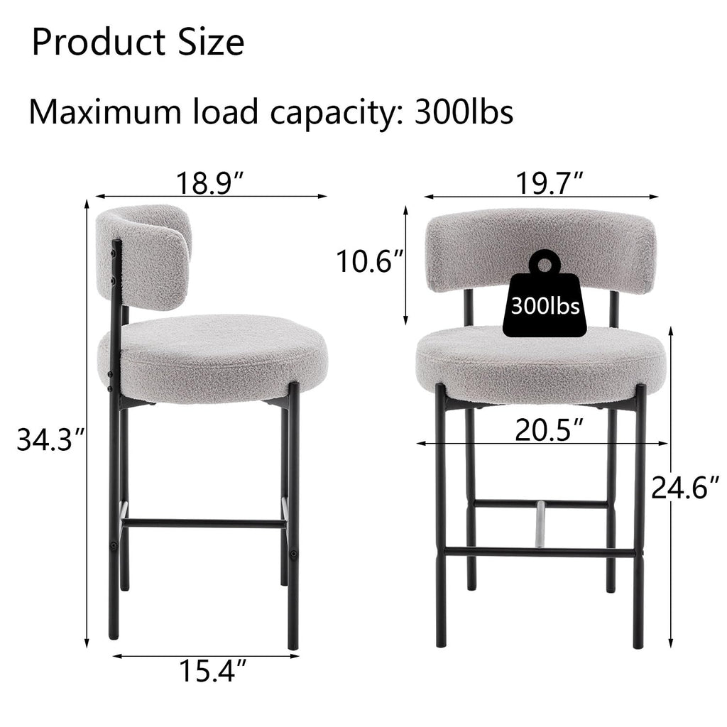 Boucle Bar Stools Set of 4, 24" Modern Counter Stools with Backs, Grey Upholstered Bar Stool Island, Cafe