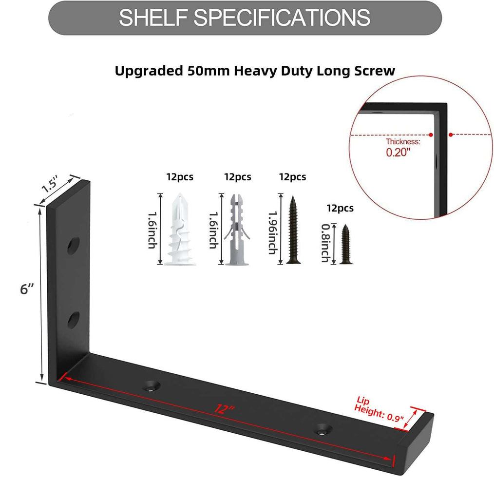 12 Inch Heavy Duty Floating Shelf Bracket, Wall Mounting Industrial Black Shelf Brackets, 1/5 Inch Thick Iron Metal