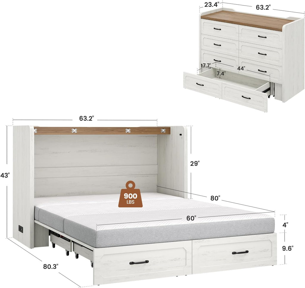 Queen Murphy Bed with 4" Trifold Mattress, Farmhouse Murphy Cabinet Bed with Storage Drawers, Charging Station &