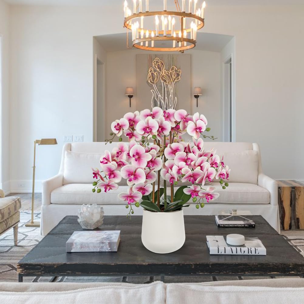 Extra Large Pink White Artificial Orchid Arrangement in Cream Resin Pot, 29.5in Realistic Faux Phalaenopsis Flowers