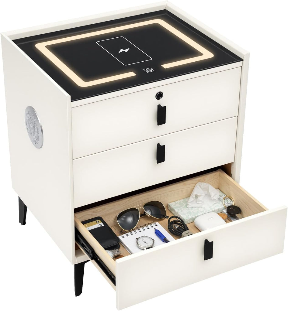 Smart Nightstand with Bluetooth Speaker USB Charging, 3 Drawer | Bedroom Daily Storage Scene, 4.72in Raised Legs