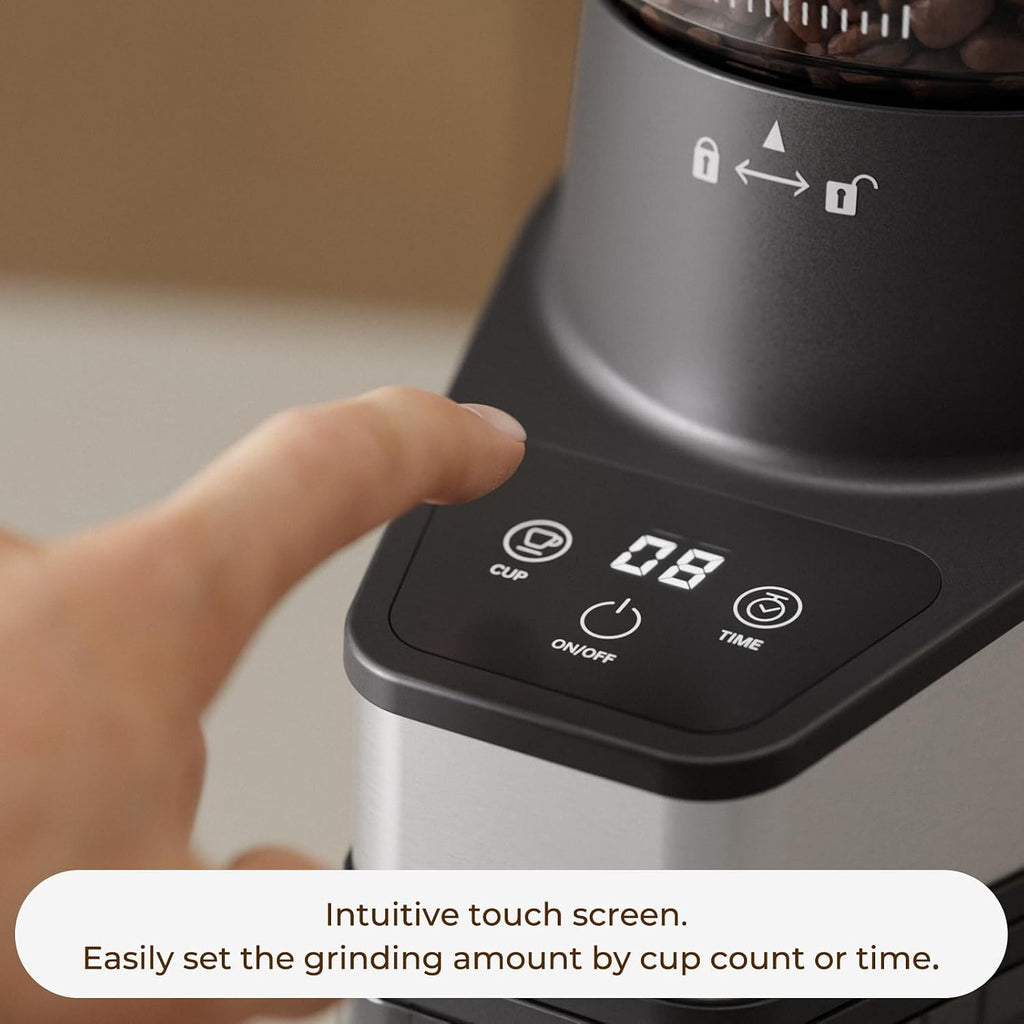 Conical Burr Coffee Grinder with 60 Settings and Touch Screen | 1-60s Timer & 1-8 Cup Dosing, Anti-Static, Removable