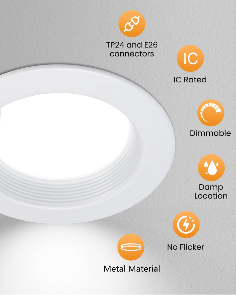 Premium Metal 4 Inch LED Recessed Lights - Retrofit Baffle Can Lighting, 800LM 9W 5CCT Selectable (2700K-6000K)