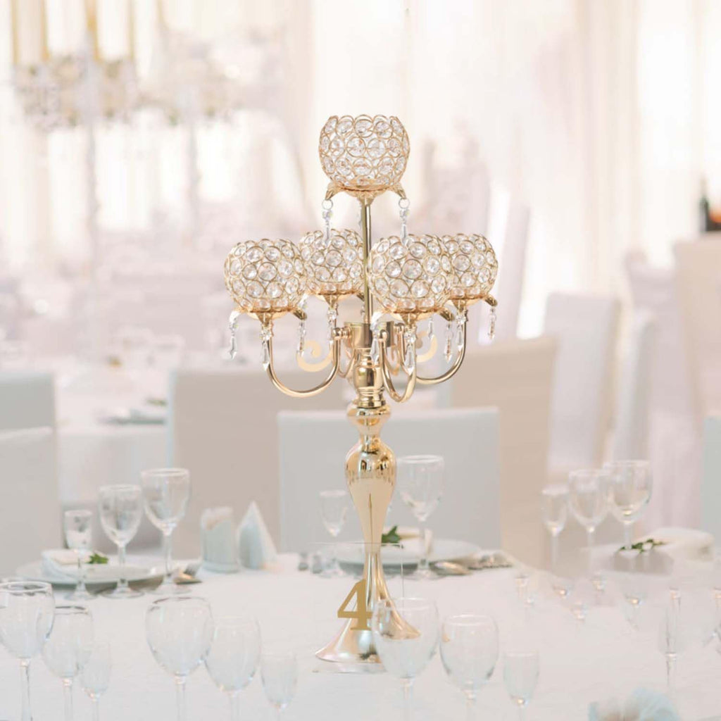 Set of 4 Candlesticks 5 Arm Crystal Strap Pendant Gold Table Decor Candelabra, 22.5 inches Elegant Dining Room