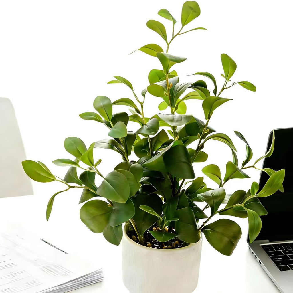 16'' Artificial Ficus Plant in White Textured Ceramic Pot Realistic Faux Greenery with Lifelike Leaves Fake Plants