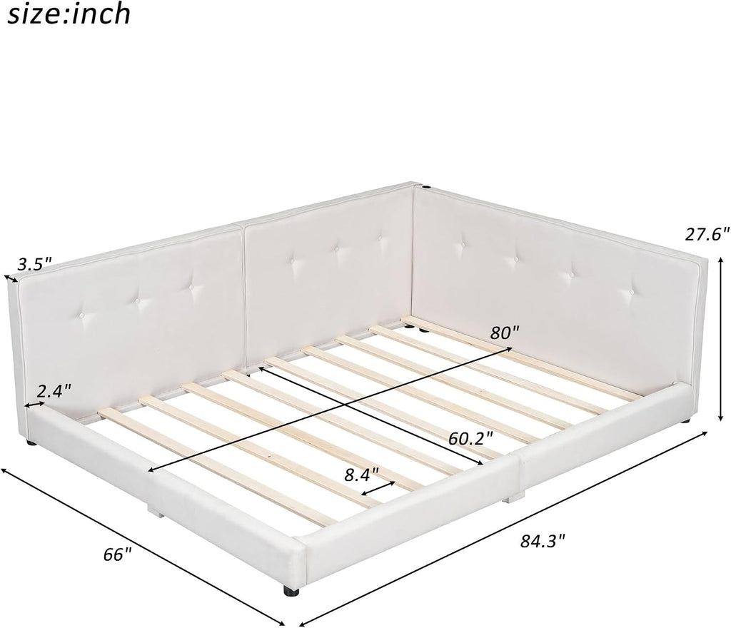 Queen Size Modern Upholstered Platform Bed with USB Ports, Floor Daybed with Wood Slat Support/Queen,Beige