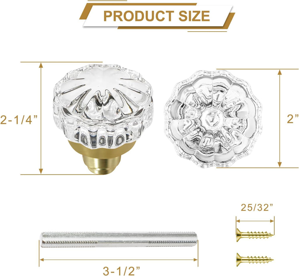 1 Pack Glass Interior Door Knobs, Old Style Door Knob Replacement, Vintage Crystal Door Knobs, Polished Brass Finish