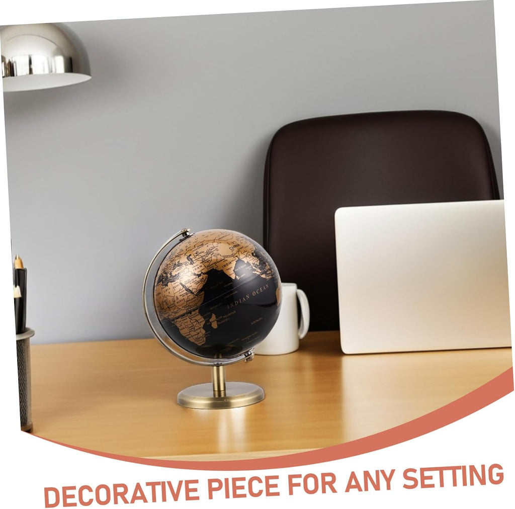 6'' Vintage Globe with Stand: Rotating World Globe Black Gold Desk Ornament Antique Map Decor for Adults Home Office