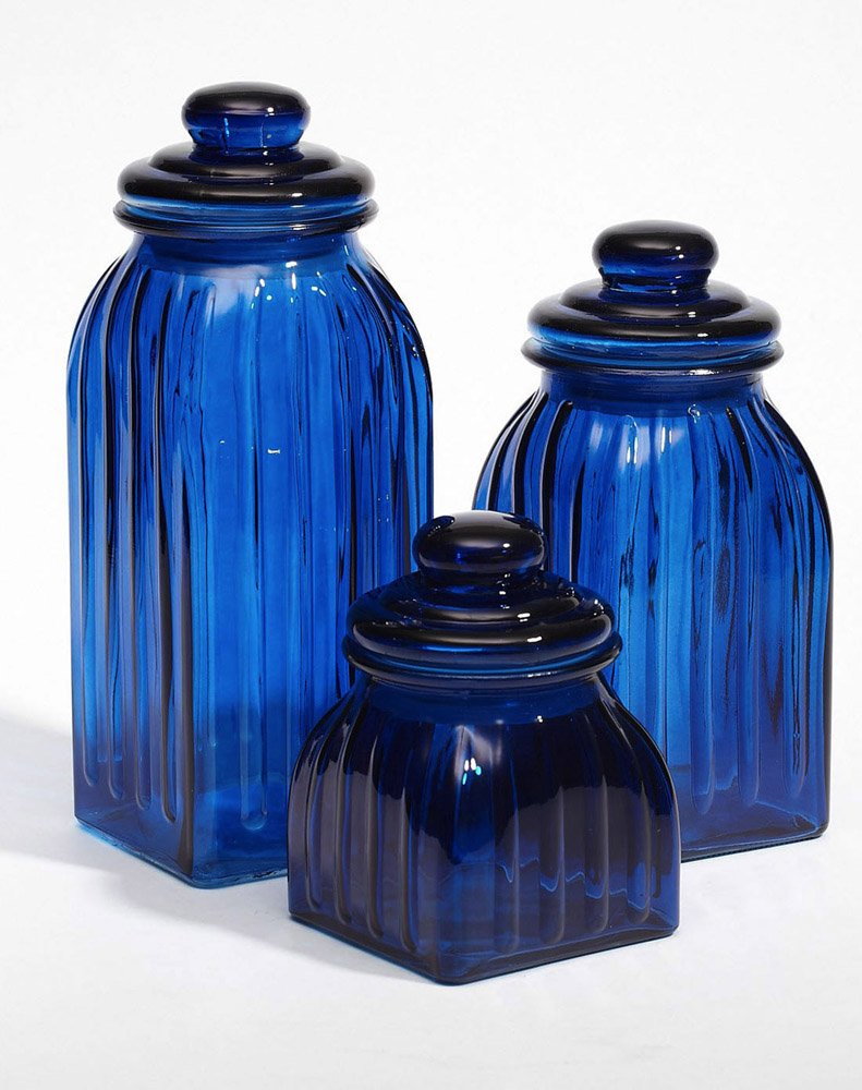 Navy Blue Glass Canister | Set of 3 Jars | Cereal Grain and Food Containers | Decorative Home Storage Décor and