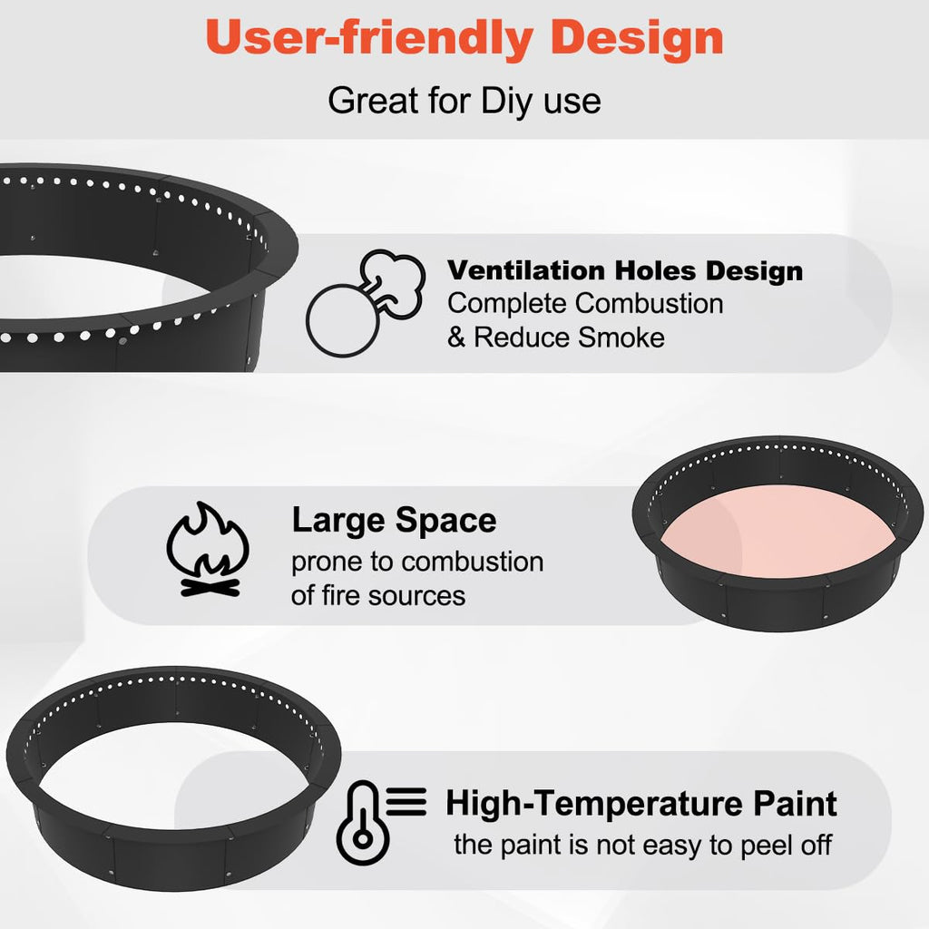 Outdoor Smokeless Fire Pit Ring Liner 43-Inch Outer/39-Inch Inner Diameter, Heavy Duty Solid Metal Steel Round