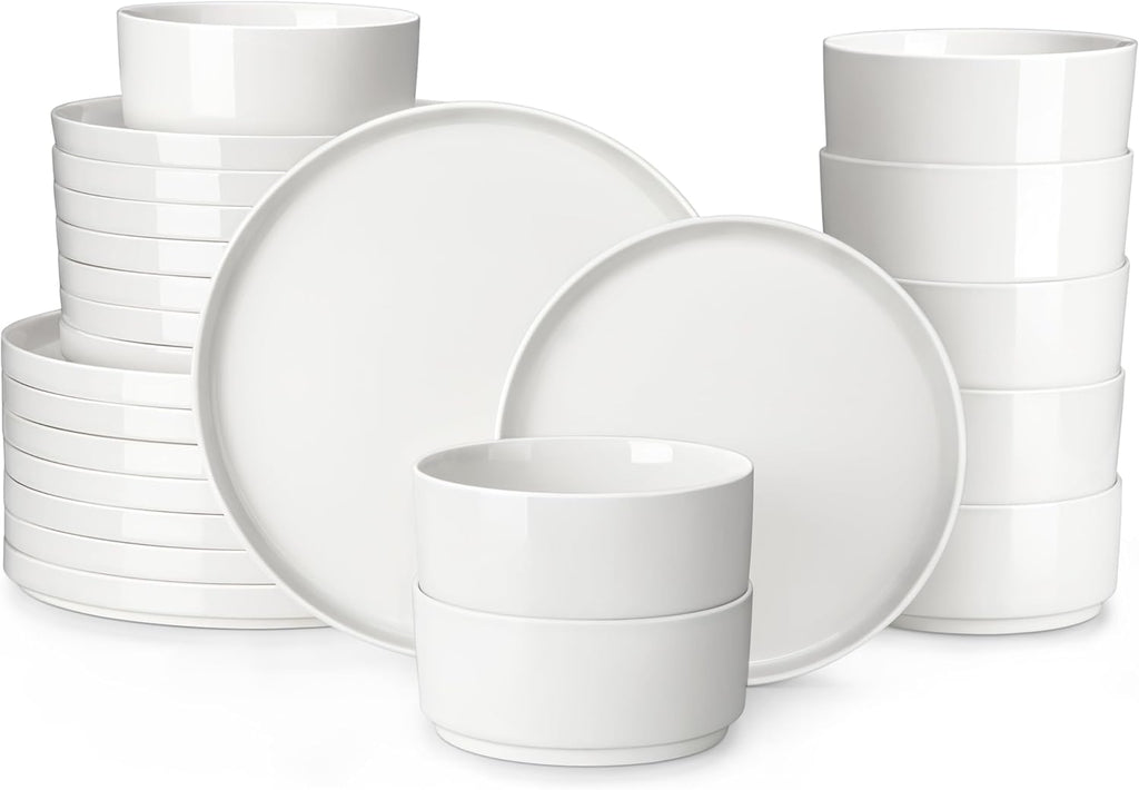 24 Pieces Porcelain Dinnerware Set, Modern White Dish Set for 8, Premium Serving Plates and Bowls Sets