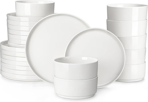 24 Pieces Porcelain Dinnerware Set, Modern White Dish Set for 8, Premium Serving Plates and Bowls Sets
