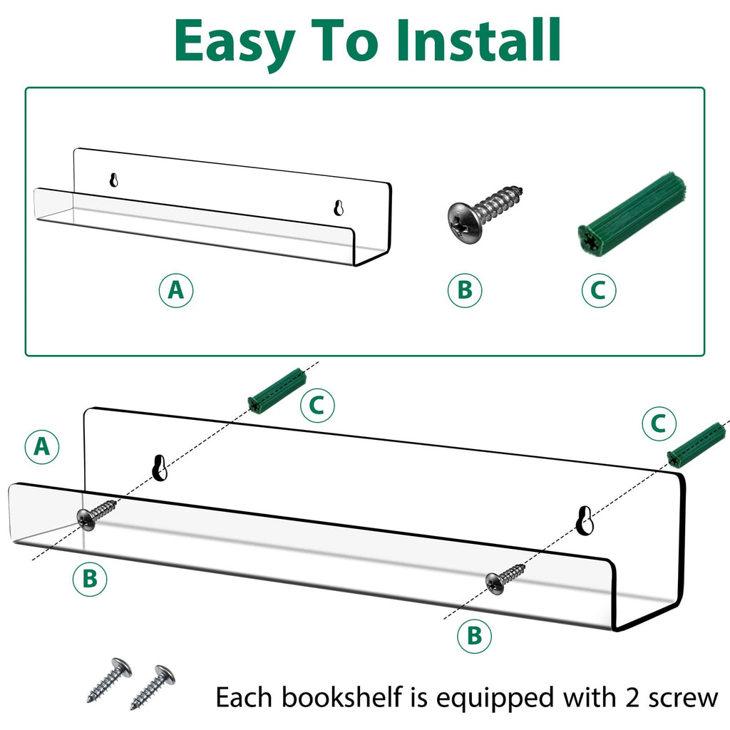 8 Packs 14 Inch Acrylic Floating Shelf Wall Mounted Invisible Acrylic Shelf Ledge Floating Bookshelf Office Bedroom
