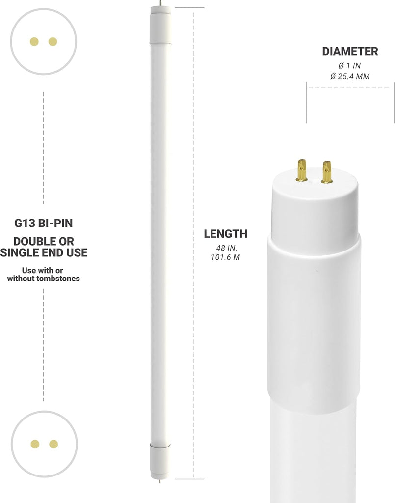 30 Pack T8 LED Bulbs 4 Foot Dimmable, 5000K, Single/Dual Ended, UL