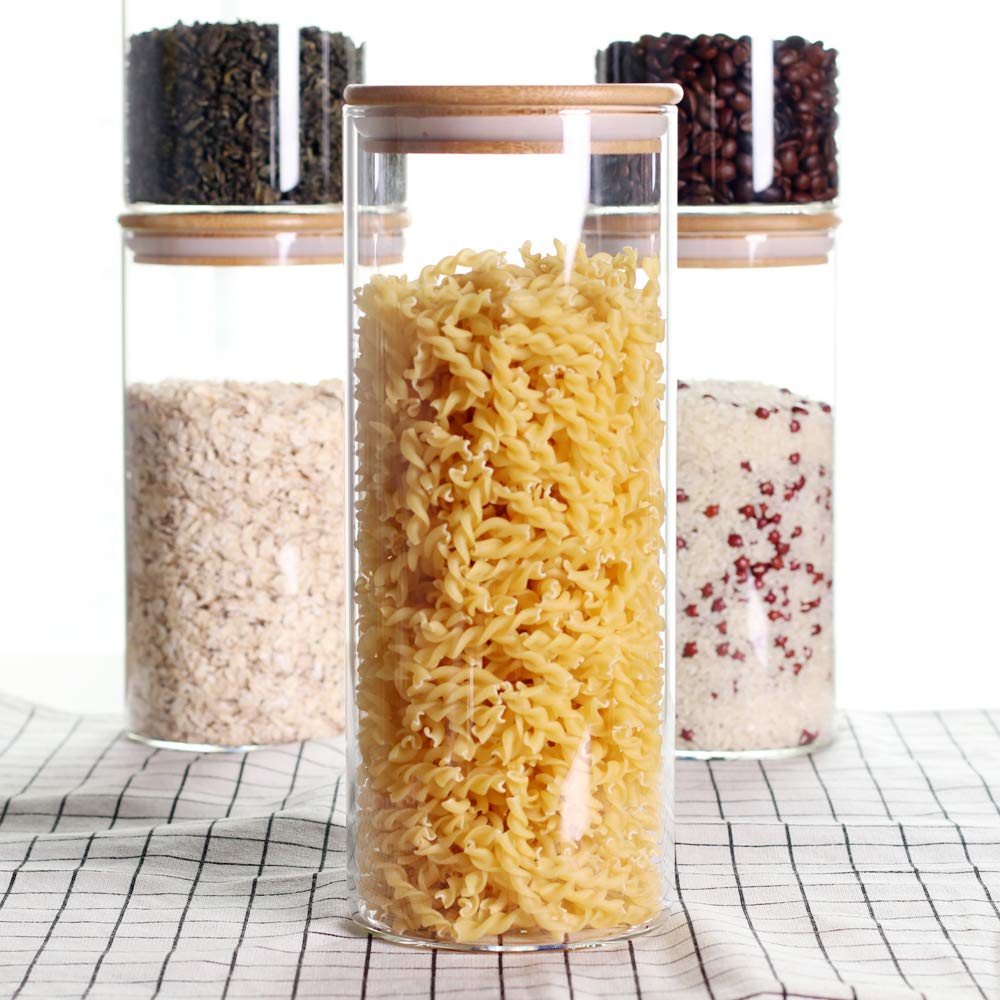 Stackable Kitchen Canisters Set, Pack of 5 Clear Glass Food Storage Jars Containers with Airtight Bamboo Lid for