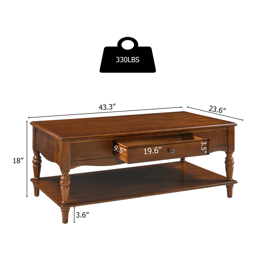 Rectangular Coffee Table with 2 Storage Drawers, Mid-century Solid Wood Living Room Table with Carved Leg, Elegant