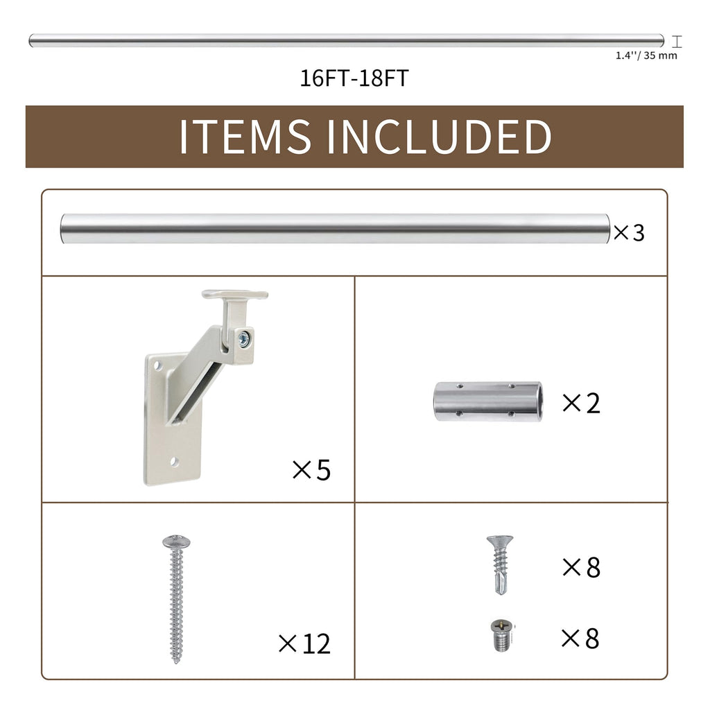 16 FT Handrails Kit for Indoor Outdoor Stairs, Modern Aluminum Handrail Set, 1.4" Diameter Bar, Adjustable 304 Stainless