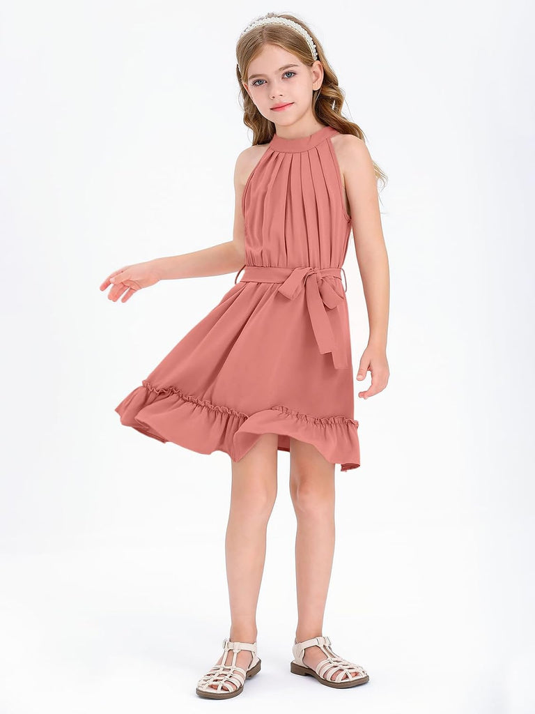 Girl's Halter Summer Dress Tween Tie Waist Pleated Dresses