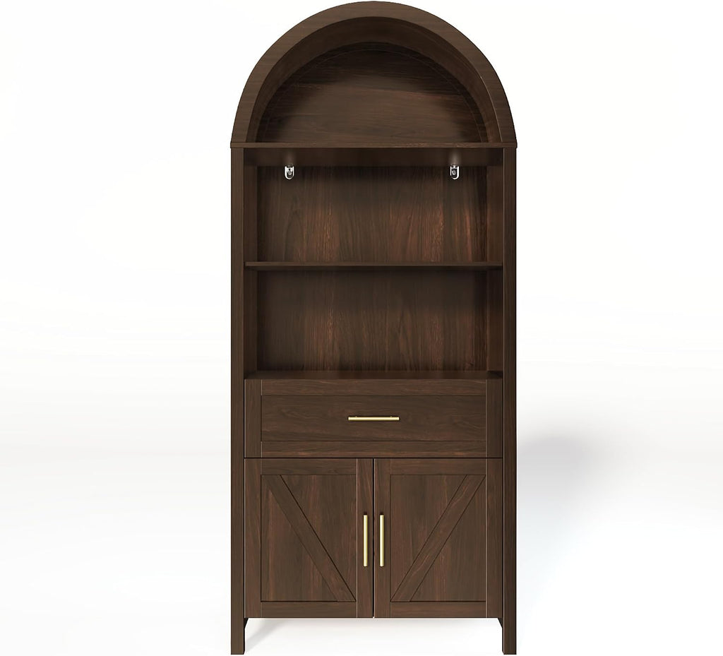 70.8" Tall Arched Bookcase 5-Tier Pantry Cabinet with Doors, Walnut | Tall wooden cabinet with five shelves, doors
