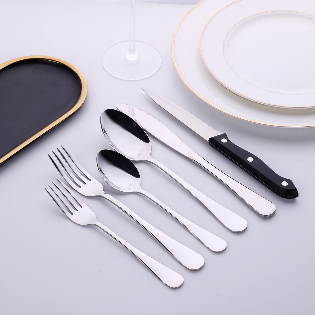 48 Piece Metal Everyday Modern Silverware Set with Steak Knives 18/0 Stainless Steel Flatware Cutlery Reusable Lunch