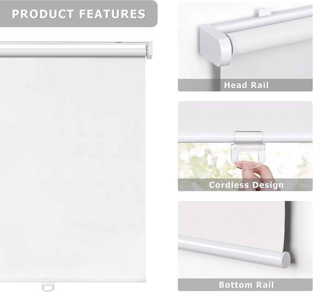 No Drill Cordless Roller Shades, 27x72, White | 100% Blackout Roller Blinds for Windows, Thermal Insulated UV