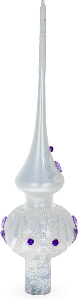 Purple Jewel Stars Pearls White Mouth Blown Glass Tree Topper 11 Inches
