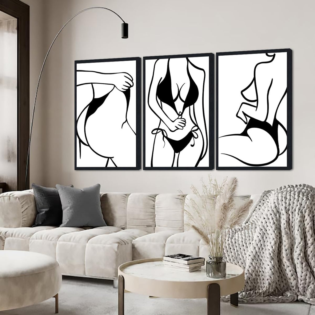 3 Sets Minimalist Woman Framed Canvas Wall Art Sexy Girl Figure Black White Line Posters Wall Decor Abstract Female