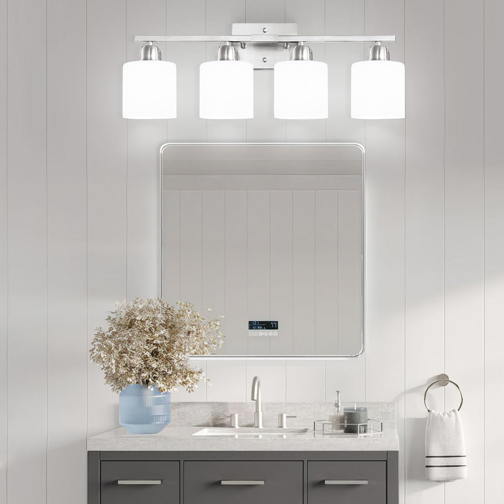 4 Light Bathroom Light Fixtures, Anti-Rust Finish Brushed Nickel Vanity Lights with Milky White Frosted Glass Shade