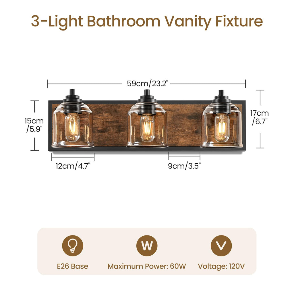 3-Light Bathroom Fixture, 23.2" Large Farmhouse Vanity Light, E26 Base (Bulbs Not Included), Thickened Glass Shade