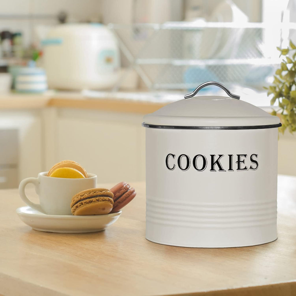 Vintage Cookie Jar - Airtight Counter Cookie Container, Ivory Tin with Lid for Gift Giving, Large Capacity