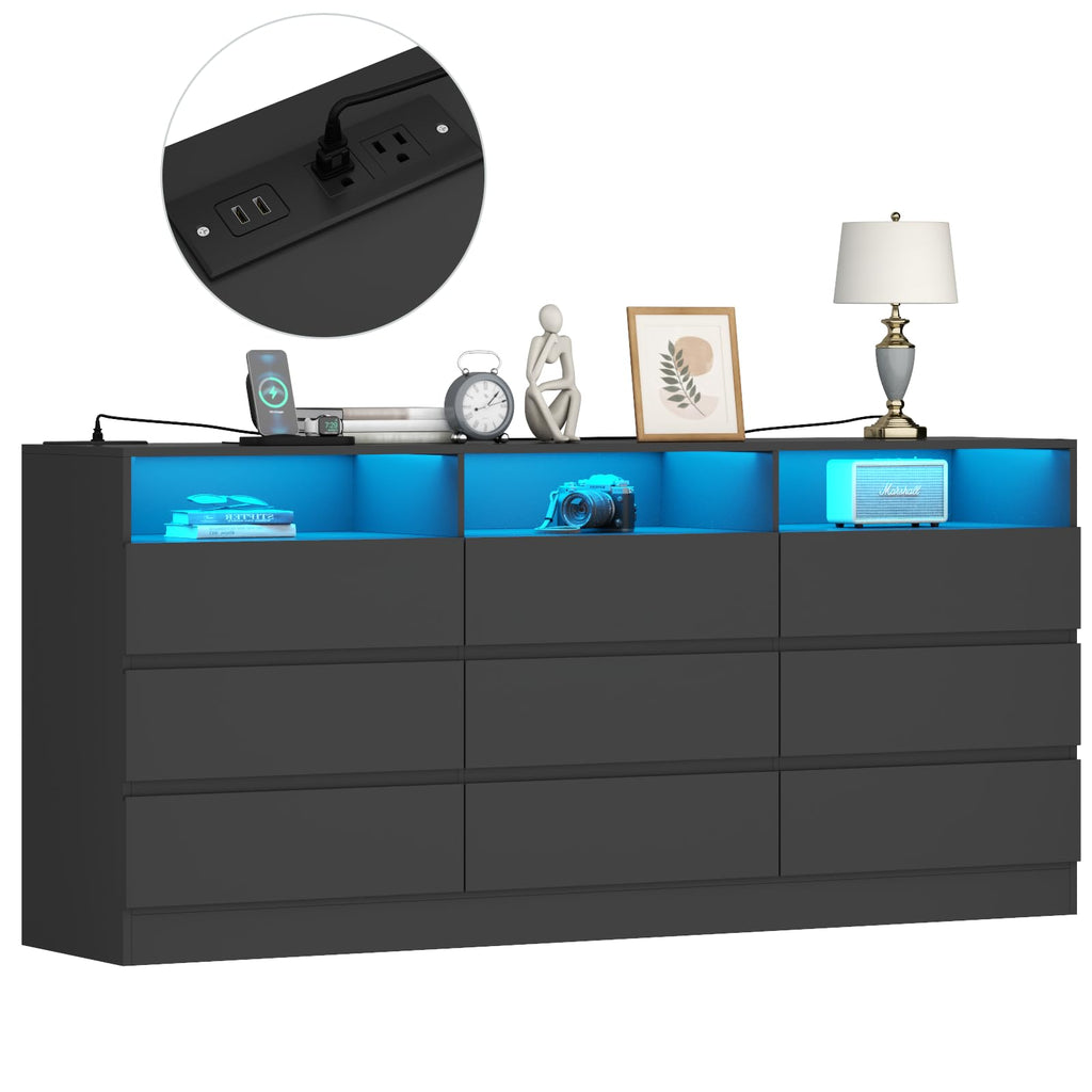 63" Black 9-Drawer Dresser w/Power Outlet, LED Light