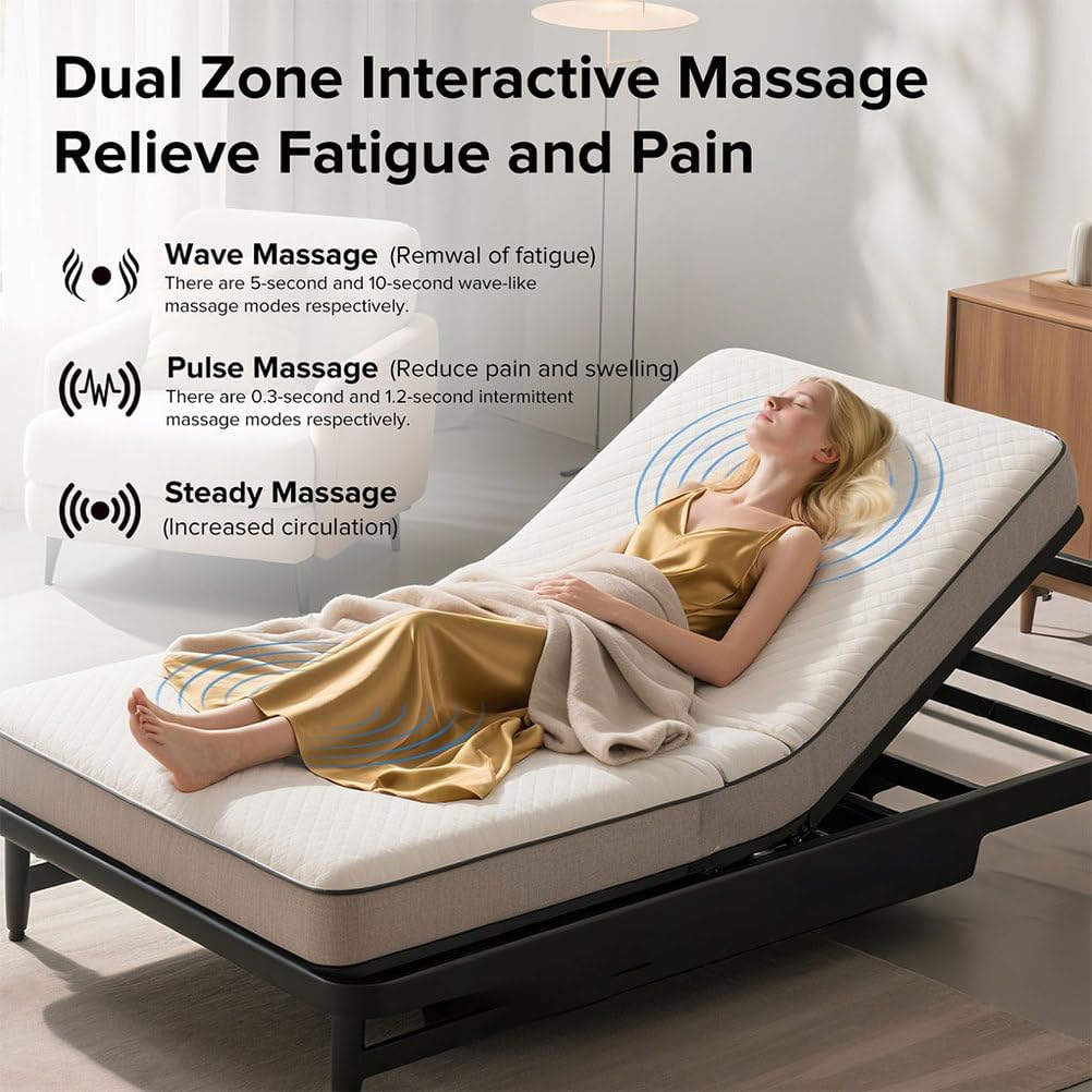 King Adjustable Bed Frame with Massage, Wireless Remote, Under-Bed Nightlight & USB Ports, Zero Gravity Electric Bed