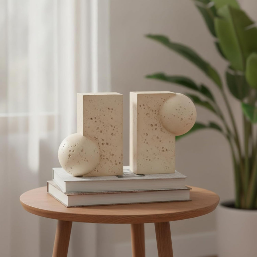 Sculptural Bookends Stone-Look Geometric Bookends Beige Decor for Study Desk