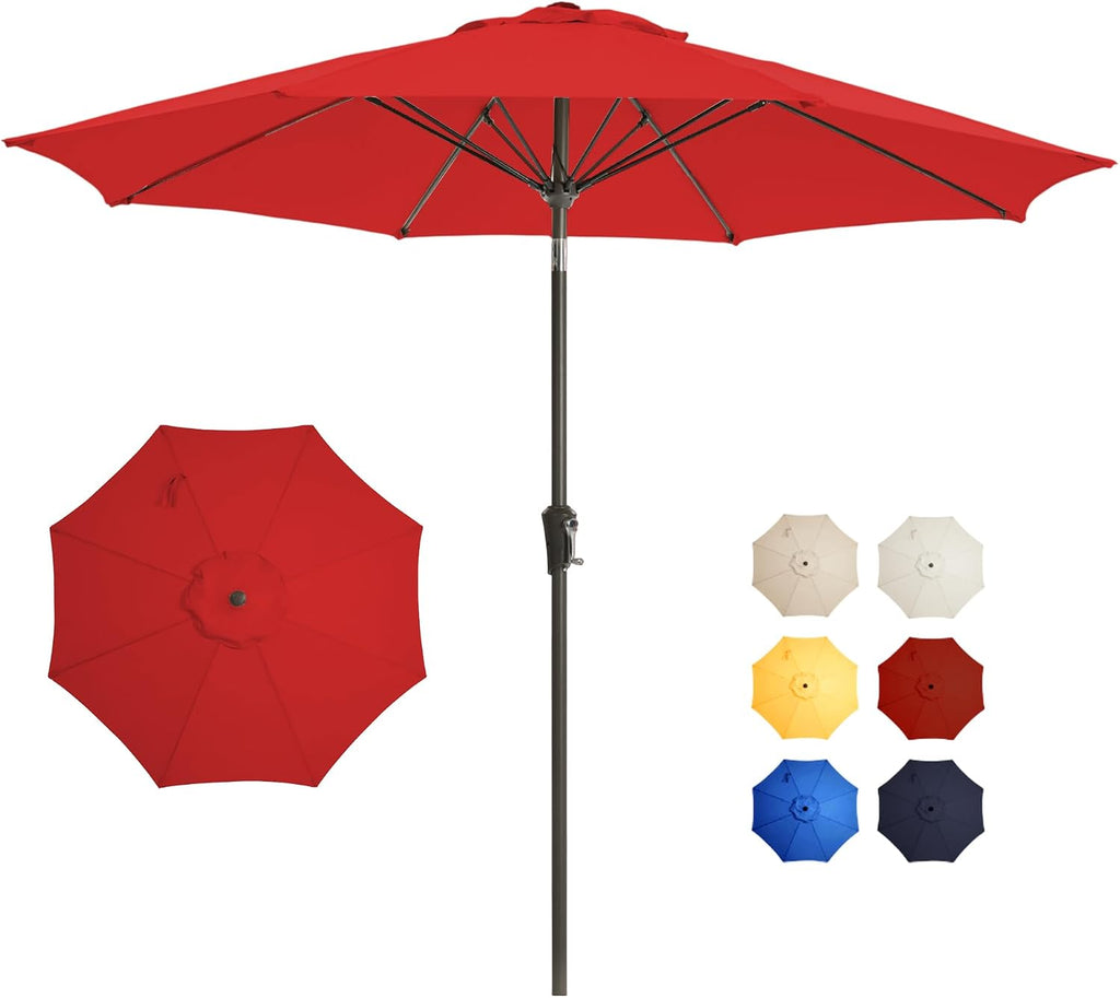9FT Large Outdoor Patio Umbrella Pool Market Umbrella-UV Resistant, Easy Push Button Tilt and Crank - Red