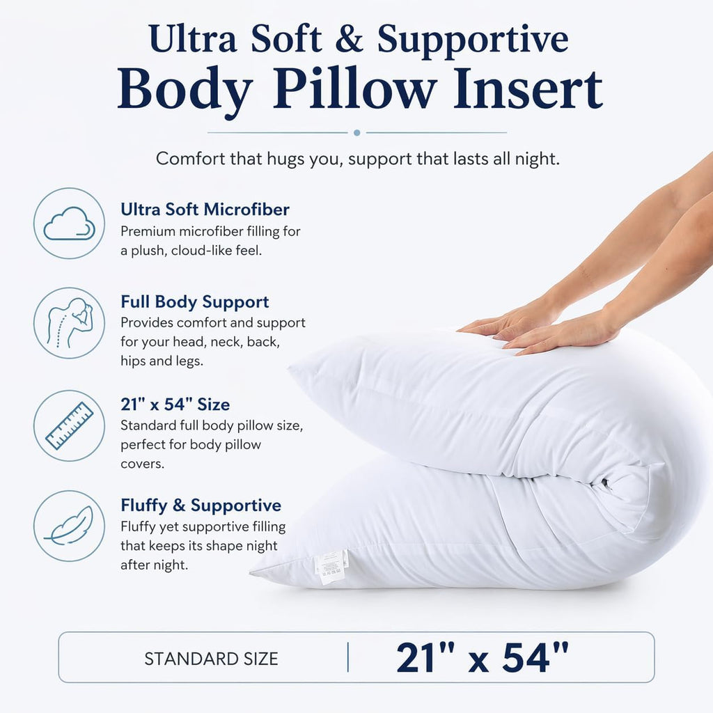 Body Pillow Insert 21"x54", Medium Support, Microfiber Fill | Ultra-soft microfiber fill provides medium support for