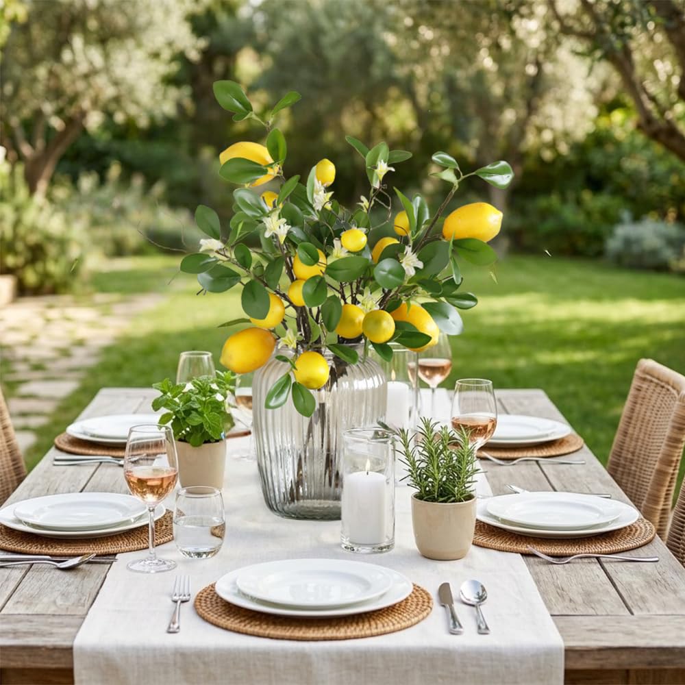 2 Bunches Artificial Lemons Branches Faux Lemons Fruit with Stem Fake Lemon Decoration Farmhouse Decor (Yellow)...
