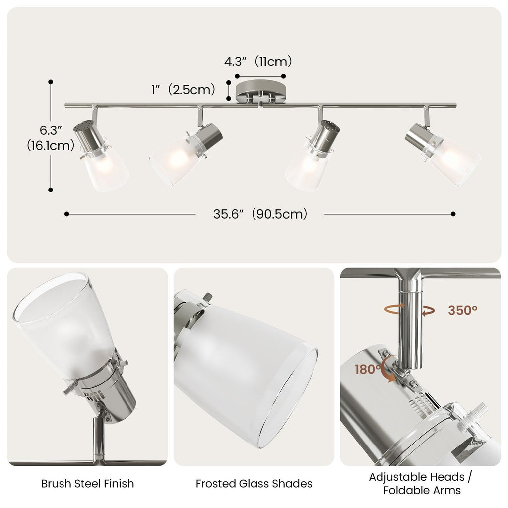 Lumens 4-Light Track Lighting Kit, Brushed Nickel Flush Mount Ceiling Light Fixture with Frosted Glass Shades