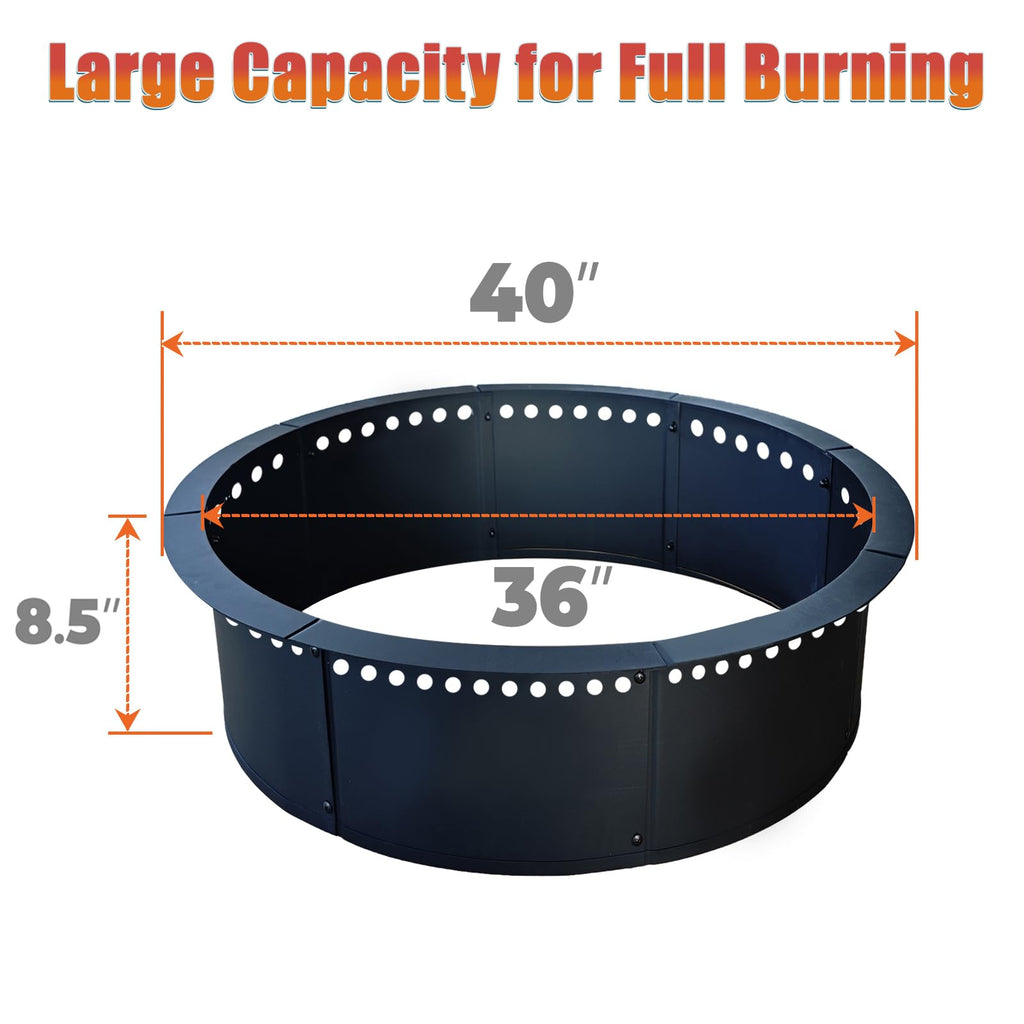 Outdoor 40-Inch Outer/36-Inch Inner Fire Pit Ring Smokeless, Duty Solid Metal Steel Round Firepit Rim Insert for DIY