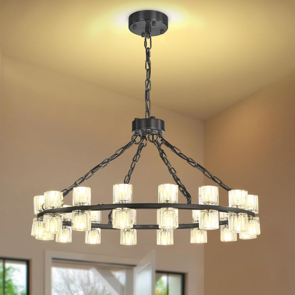 Inspired Arcachon Style Round Wagon Wheel Chandelier, 32" 32-Light Black, Extended 32" Chain — Foyer, Dining & Living Room