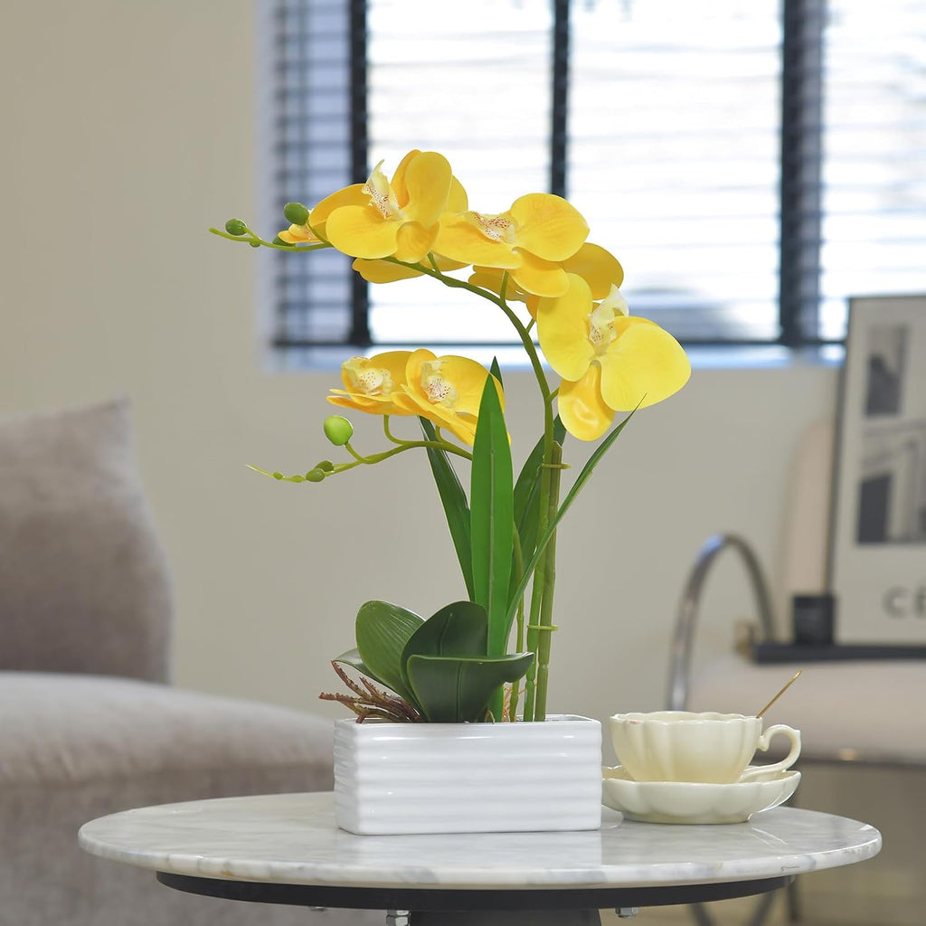 Artificial Real Touch Orchid Flowers with White Ceramic Vase, Yellow