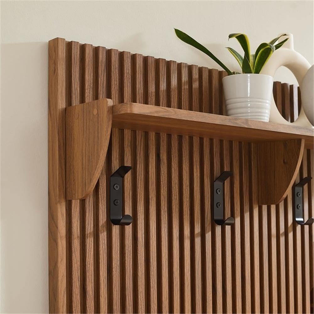 Contemporary Wall-Mounted Fluted Coat Rack Panel, Walnut Finish, 4 Hooks with Shelf, Durable Wood Grain Laminate