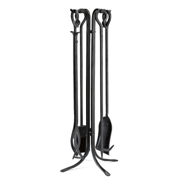 5 Piece Hand Forged Iron Compact Fireplace Tool Set 27.5" | Black Wrought Iron Handle for Outdoor Indoor | Stand