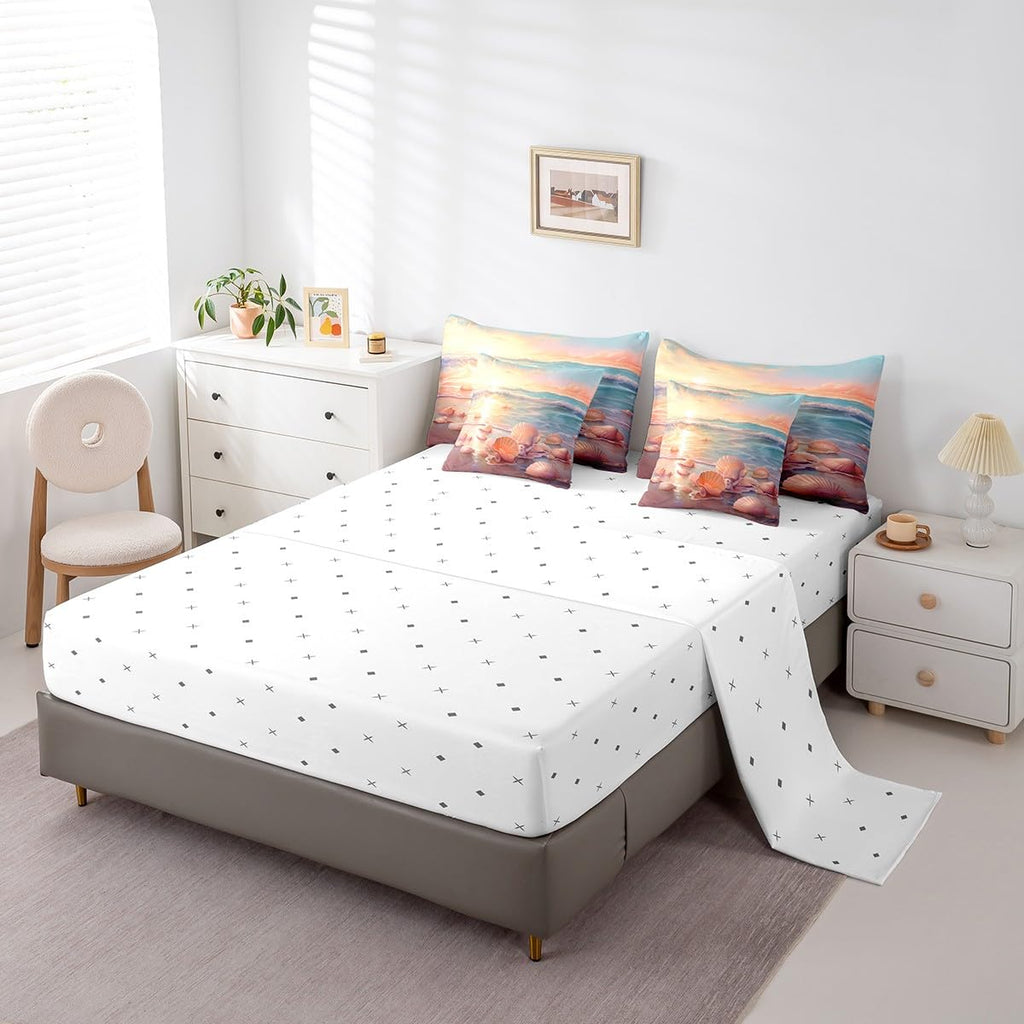 Ocean Bedding Sets 7-Piece Tropical Hawaii Comforter Set Hawaii Beach Comforter Set with Sheets Seashell Conch