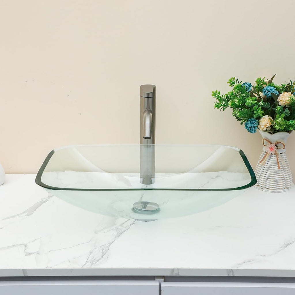Sarlai Bathroom Vessel Sink Tempered Glass Bowl Vessel Sink with Pop-up Drain Combo 20-1/4 x 14-1/2 Inch Transparent