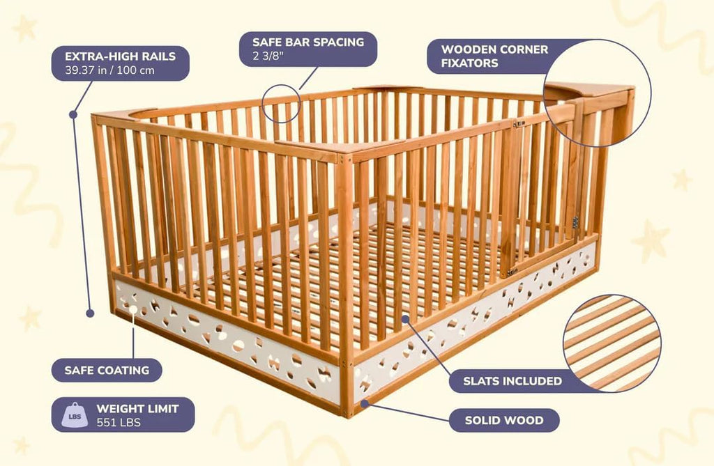 Montessori Floor Bed with Extra High Rails and Locking Door - Low Toddler Bed Frame with Slats - Twin/Full/Queen